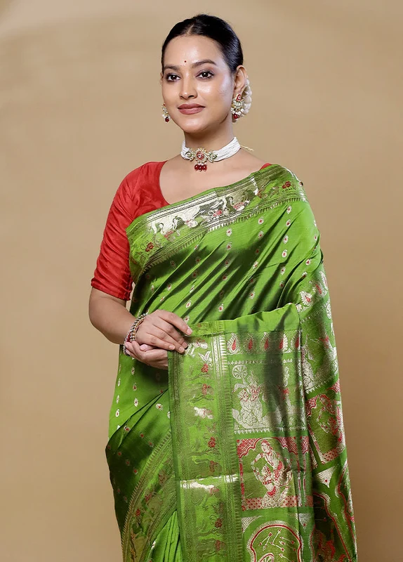 Green Handloom Swarnachuri Pure Silk Saree With Blouse Piece Onesize