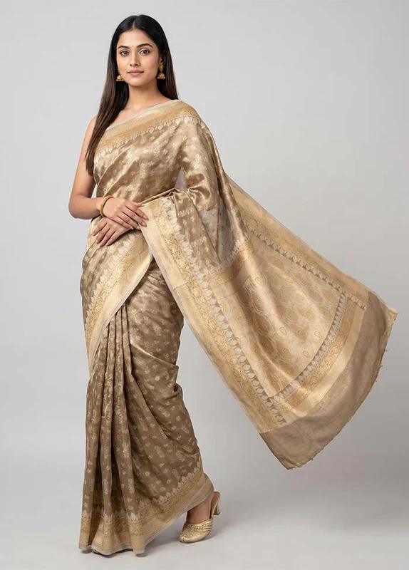 Cream Tissue Silk Saree With Blouse Piece One Size