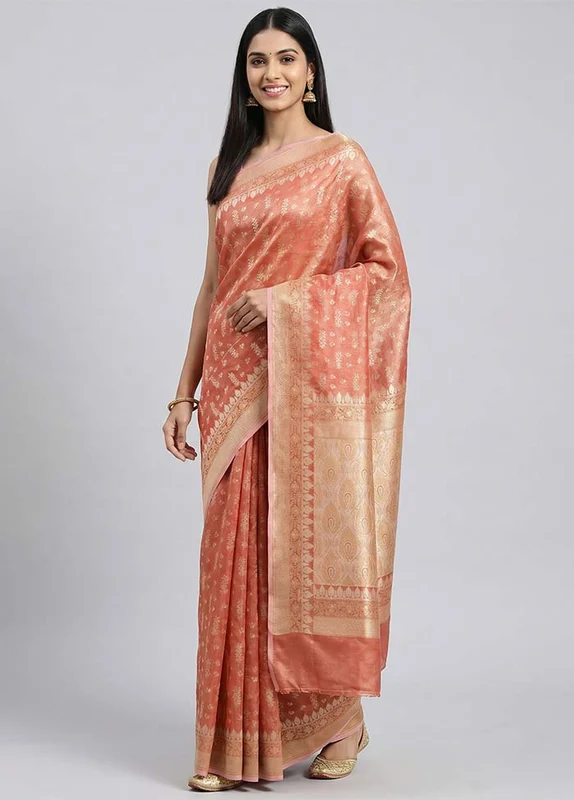 Rust Tissue Silk Saree With Blouse Piece One Size