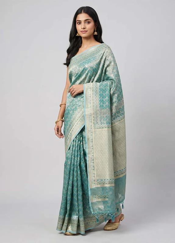Blue Tissue Silk Saree With Blouse Piece One Size