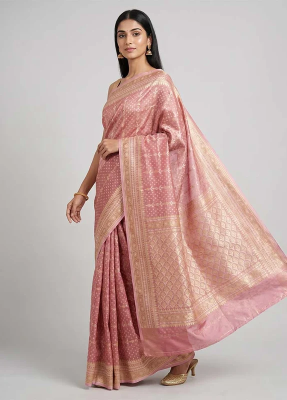 Pink Tissue Silk Saree With Blouse Piece One Size