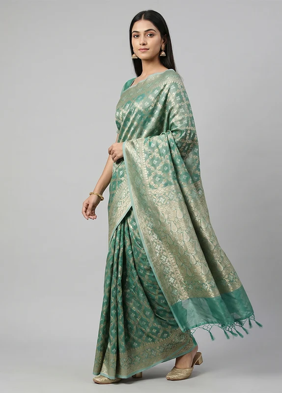 Green Tissue Silk Saree With Blouse Piece One Size