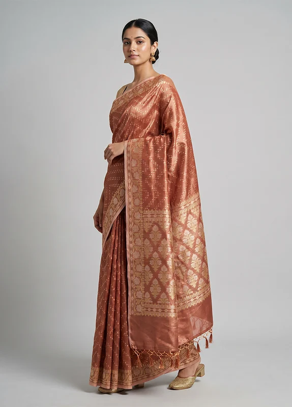Rust Tissue Silk Saree With Blouse Piece One Size
