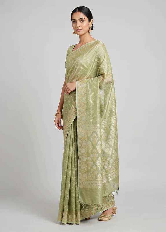 Green Tissue Silk Saree With Blouse Piece One Size