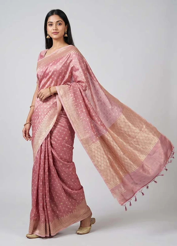 Pink Tissue Silk Saree With Blouse Piece One Size