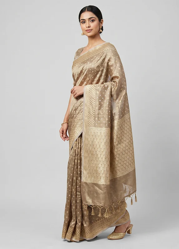 Cream Tissue Silk Saree With Blouse Piece One Size