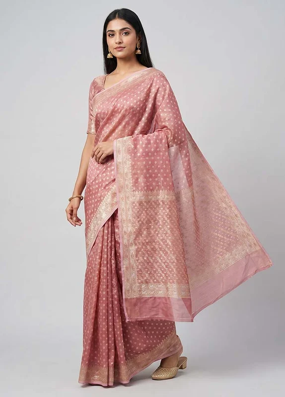 Pink Tissue Silk Saree With Blouse Piece One Size