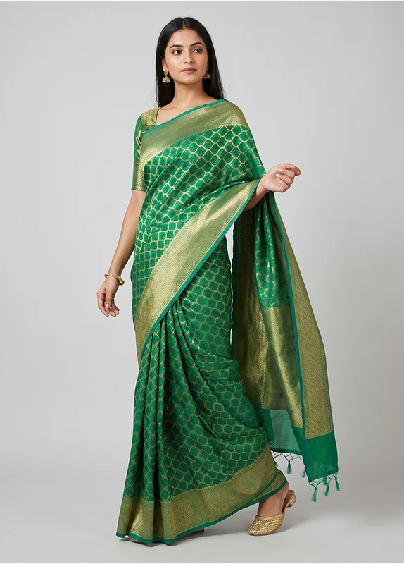 Green Kora Silk Saree With Blouse Piece One Size