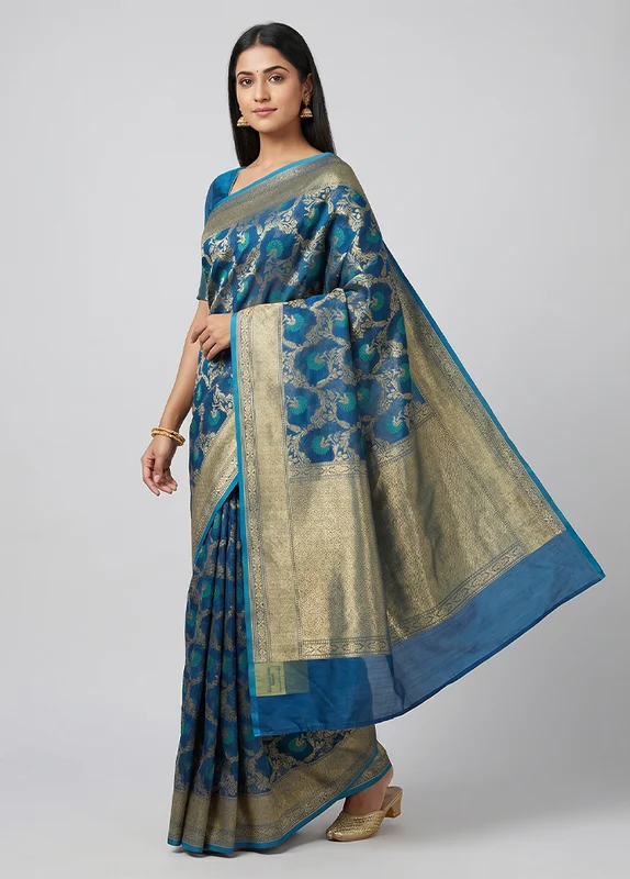 Blue Kora Silk Saree With Blouse Piece One Size