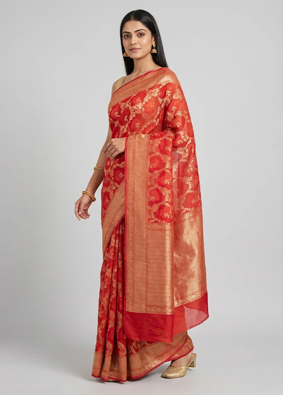 Red Kora Silk Saree With Blouse Piece One Size