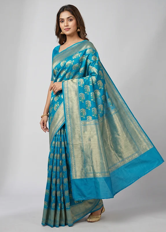 Blue Kora Silk Saree With Blouse Piece One Size