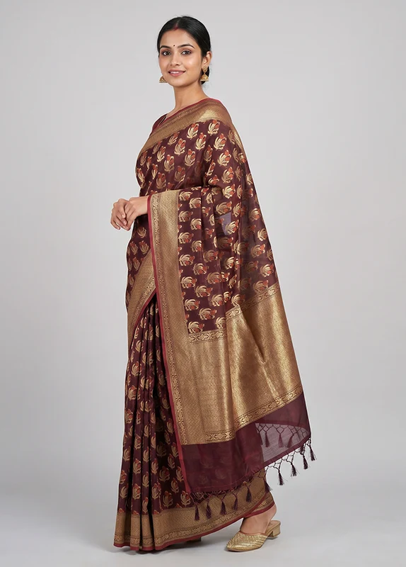 Maroon Kora Silk Saree With Blouse Piece One Size