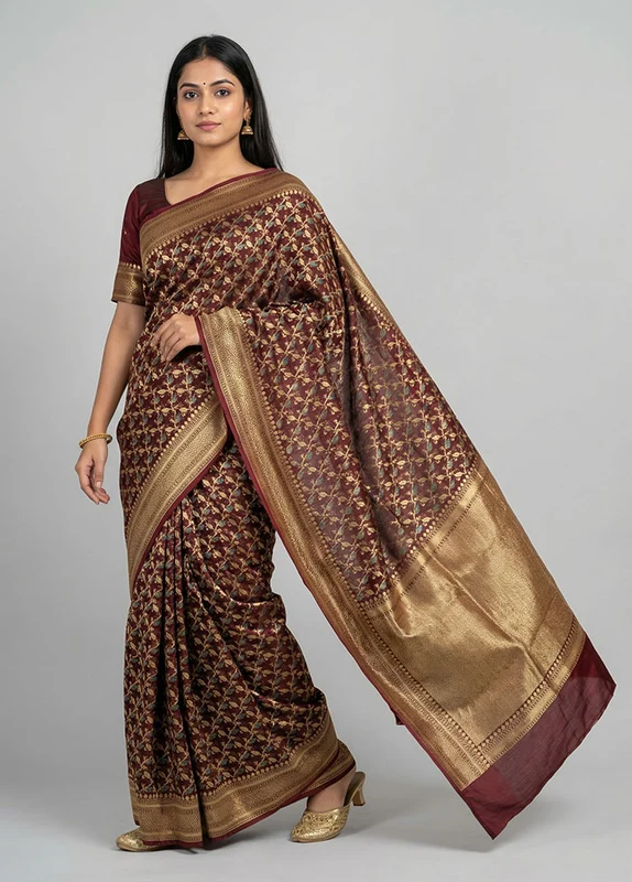 Maroon Kora Silk Saree With Blouse Piece One Size