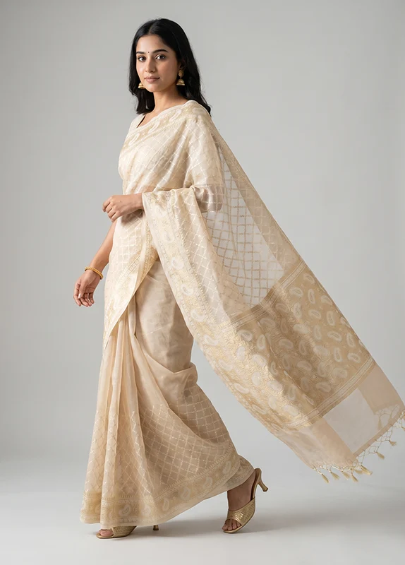 Cream Kora Silk Saree With Blouse Piece One Size