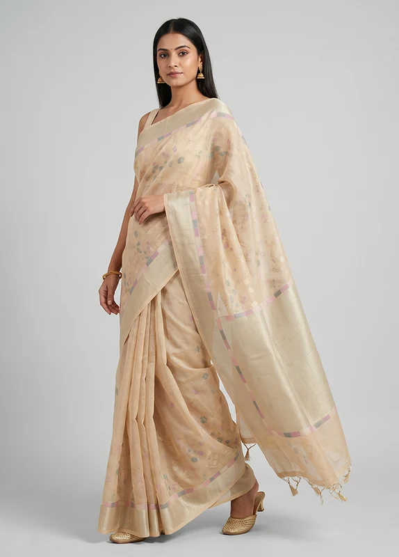 Cream Kora Silk Saree With Blouse Piece One Size