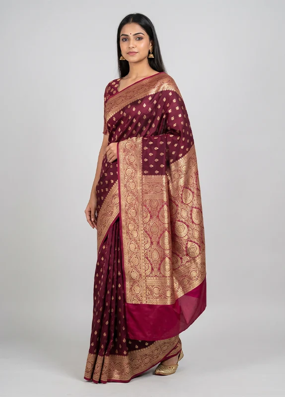 Brown Banarasi Silk Saree With Blouse Piece One Size