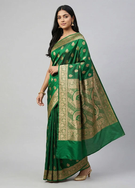 Green Banarasi Silk Saree With Blouse Piece One Size