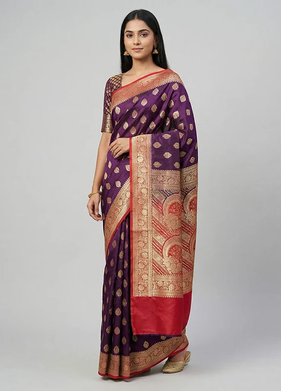 Purple Banarasi Silk Saree With Blouse Piece One Size