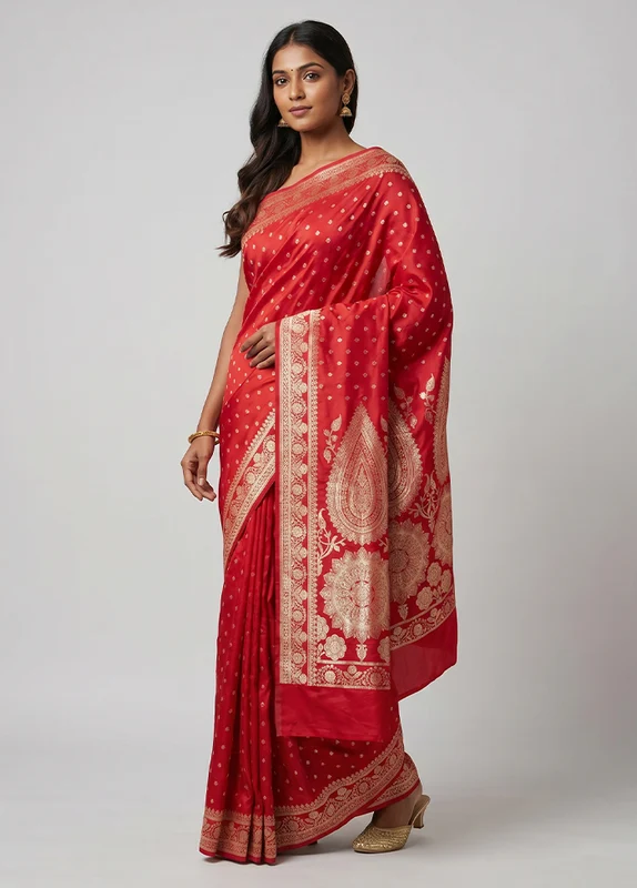 Red Banarasi Silk Saree With Blouse Piece One Size