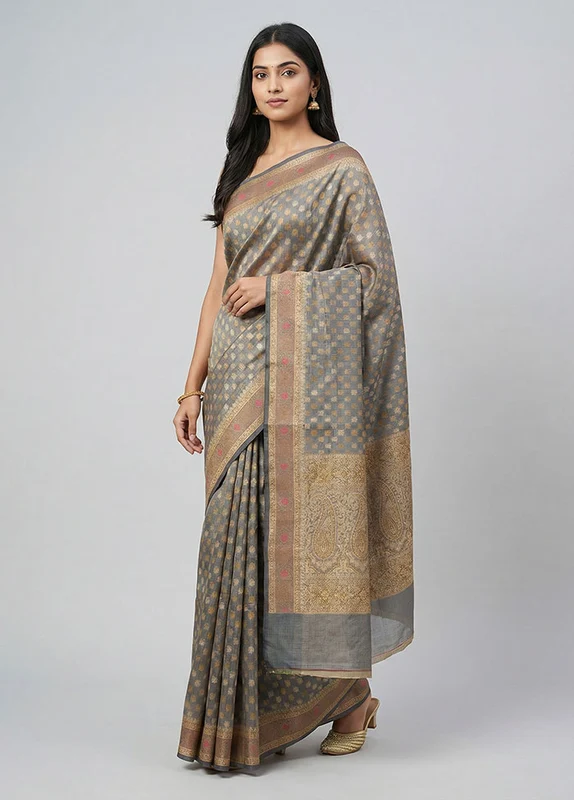 Grey Pure Cotton Saree With Blouse Piece One Size