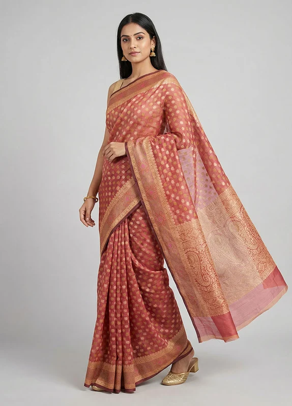 Pink Pure Cotton Saree With Blouse Piece One Size