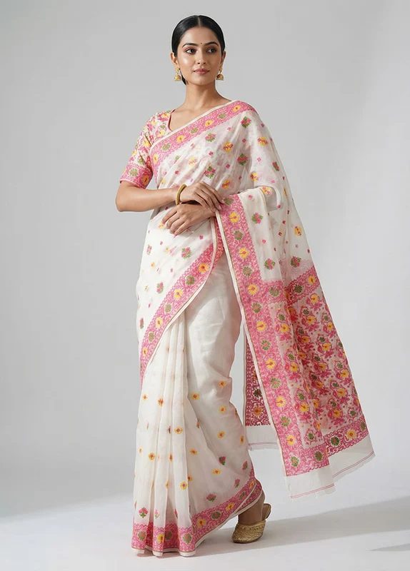 White Kora Silk Saree With Blouse Piece One Size