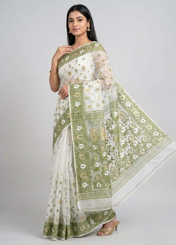 White Kora Silk Saree With Blouse Piece One Size