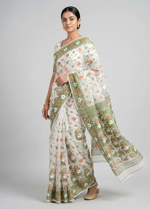 White Kora Silk Saree With Blouse Piece One Size