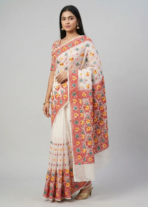 White Kora Silk Saree With Blouse Piece One Size