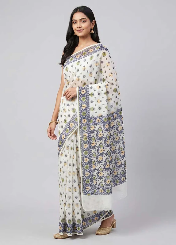 White Kora Silk Saree With Blouse Piece One Size