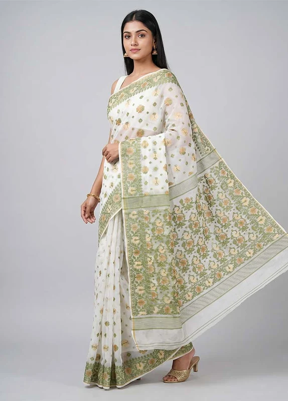 White Kora Silk Saree With Blouse Piece One Size