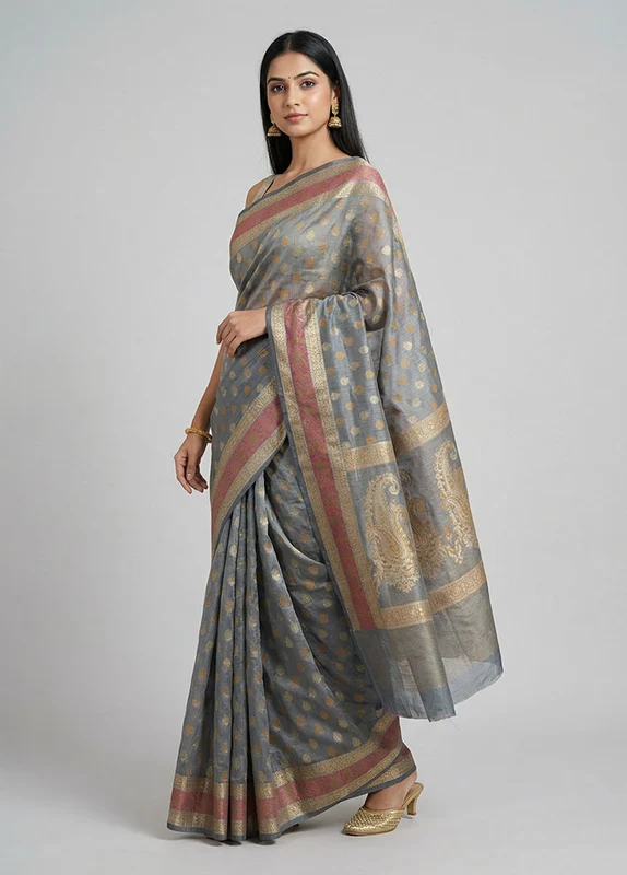 Grey Pure Cotton Saree With Blouse Piece One Size