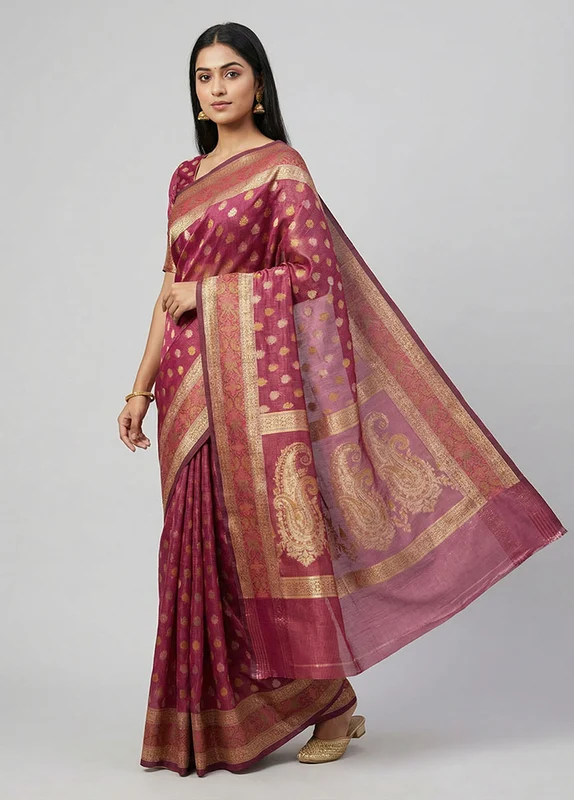 Pink Pure Cotton Saree With Blouse Piece One Size