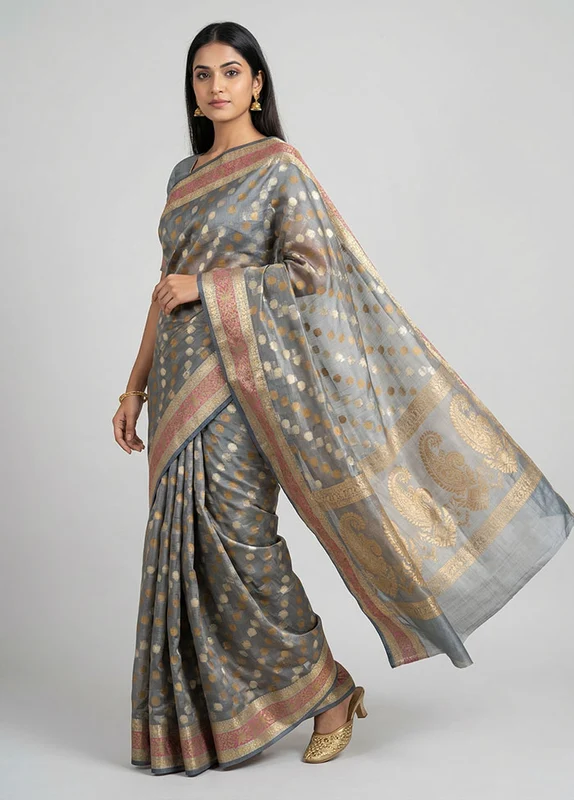 Grey Pure Cotton Saree With Blouse Piece One Size