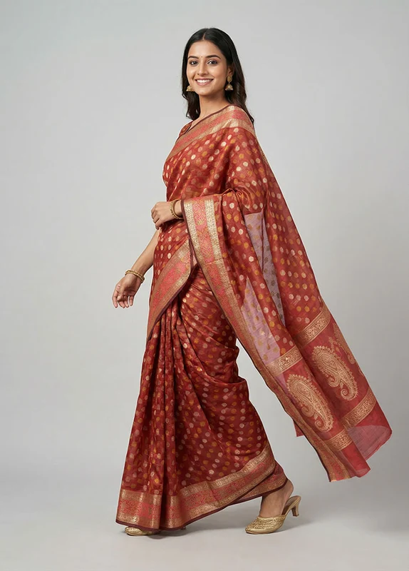 Maroon Pure Cotton Saree With Blouse Piece One Size