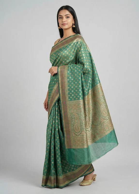 Green Pure Cotton Saree With Blouse Piece One Size