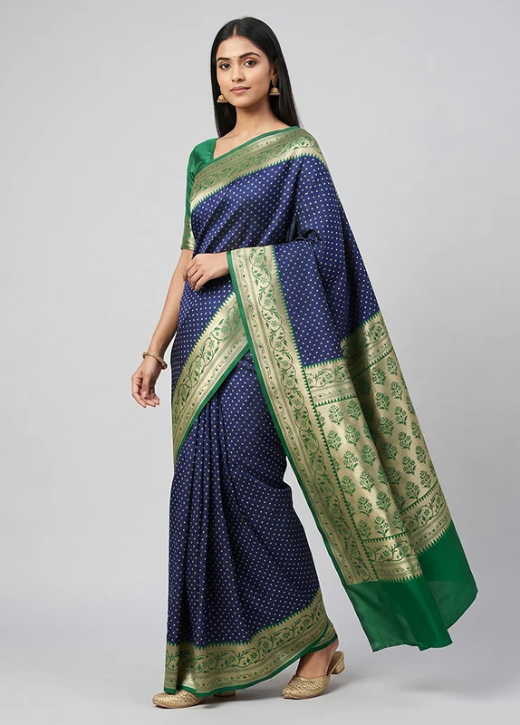 Blue Dupion Silk Saree With Blouse Piece One Size