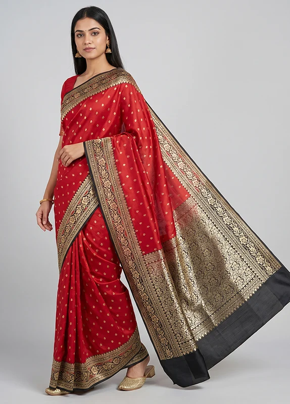 Red Dupion Silk Saree With Blouse Piece One Size