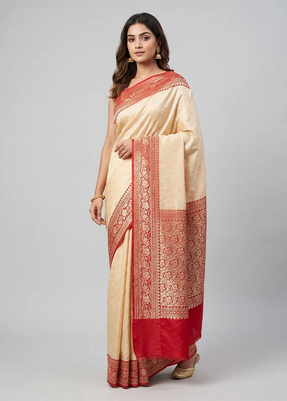 Cream Dupion Silk Saree With Blouse Piece One Size