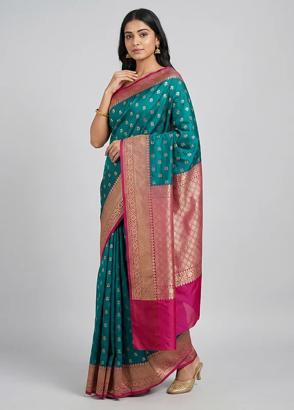 Green Dupion Silk Saree With Blouse Piece One Size