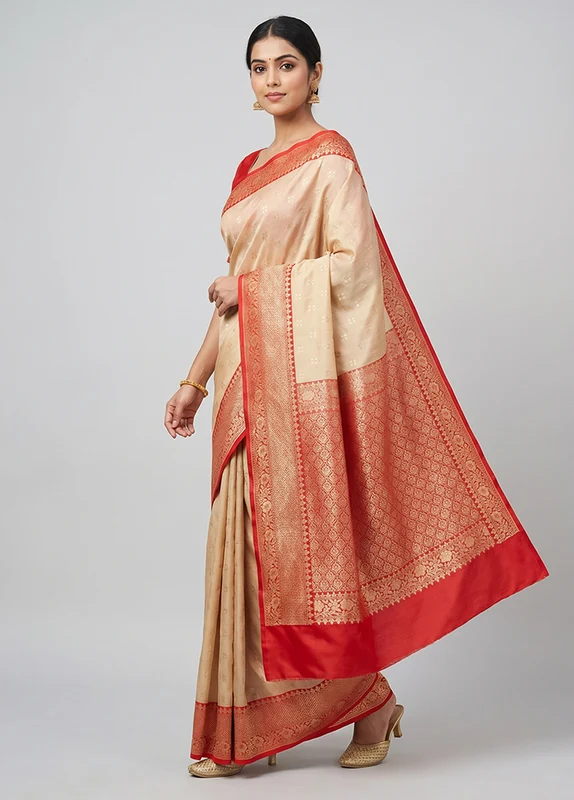 Cream Dupion Silk Saree With Blouse Piece One Size