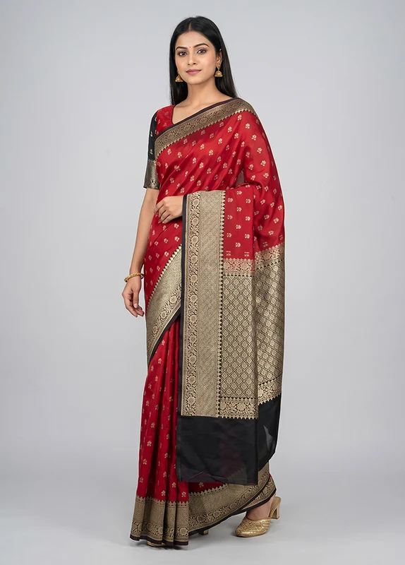Red Dupion Silk Saree With Blouse Piece One Size