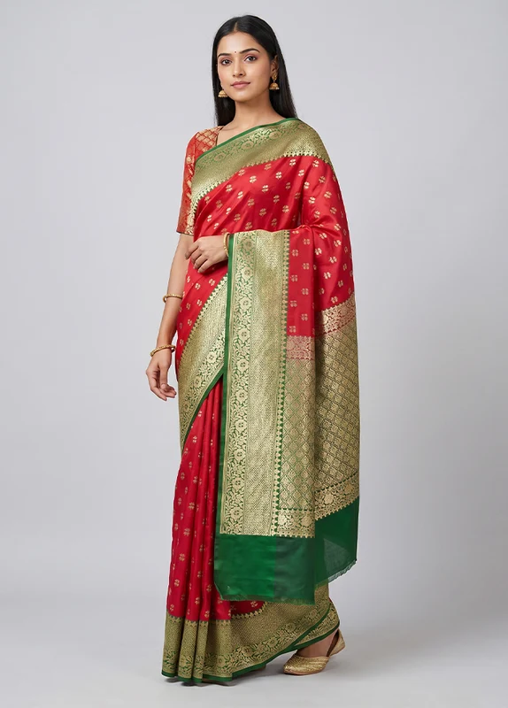 Red Dupion Silk Saree With Blouse Piece One Size