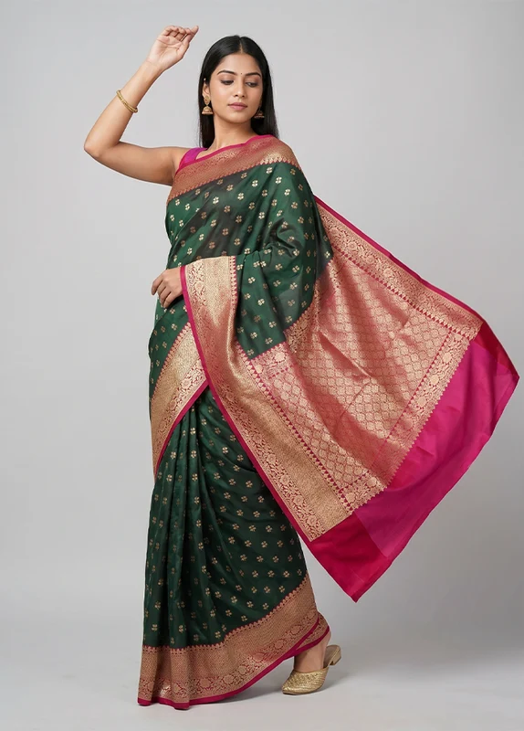 Green Dupion Silk Saree With Blouse Piece One Size