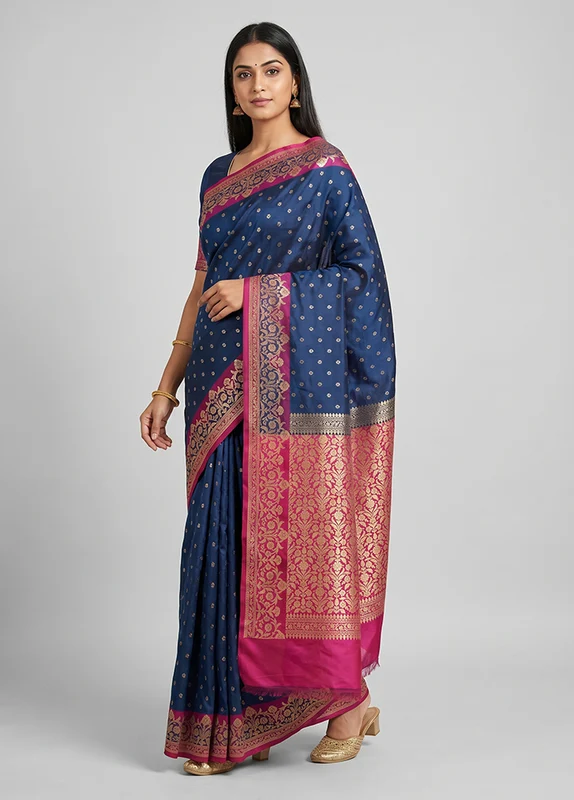 Blue Dupion Silk Saree With Blouse Piece One Size
