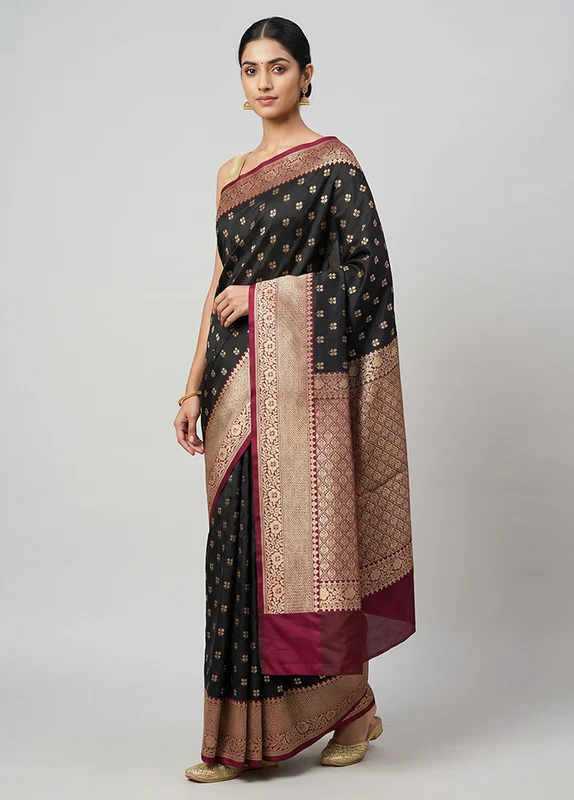 Black Dupion Silk Saree With Blouse Piece One Size