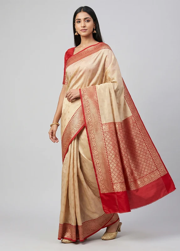 Cream Dupion Silk Saree With Blouse Piece One Size