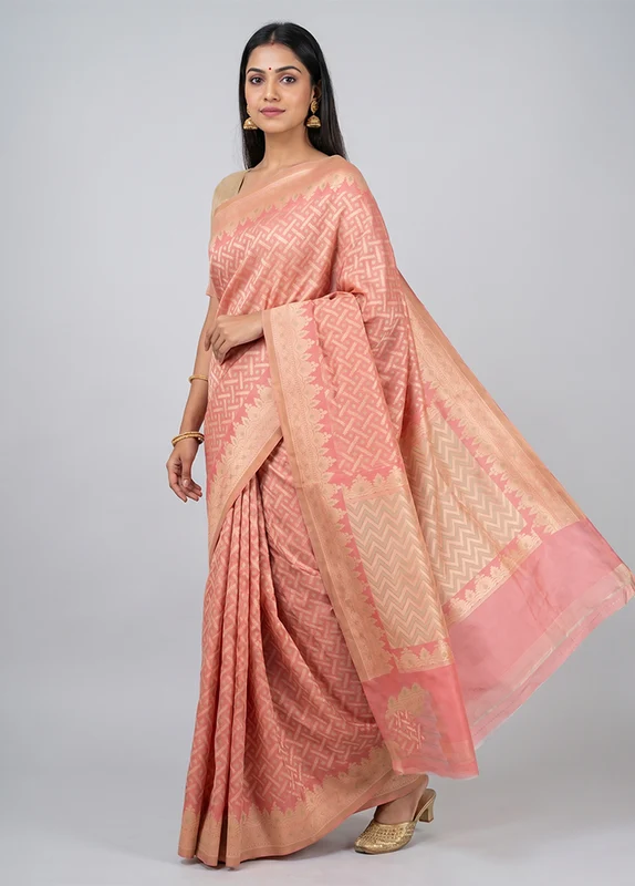 Pink Pure Cotton Saree With Blouse Piece One Size