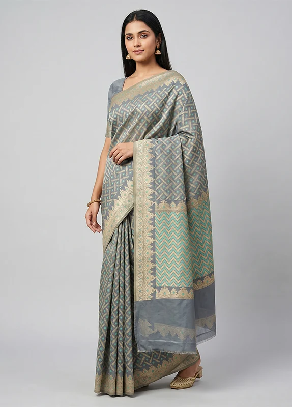 Grey Pure Cotton Saree With Blouse Piece One Size