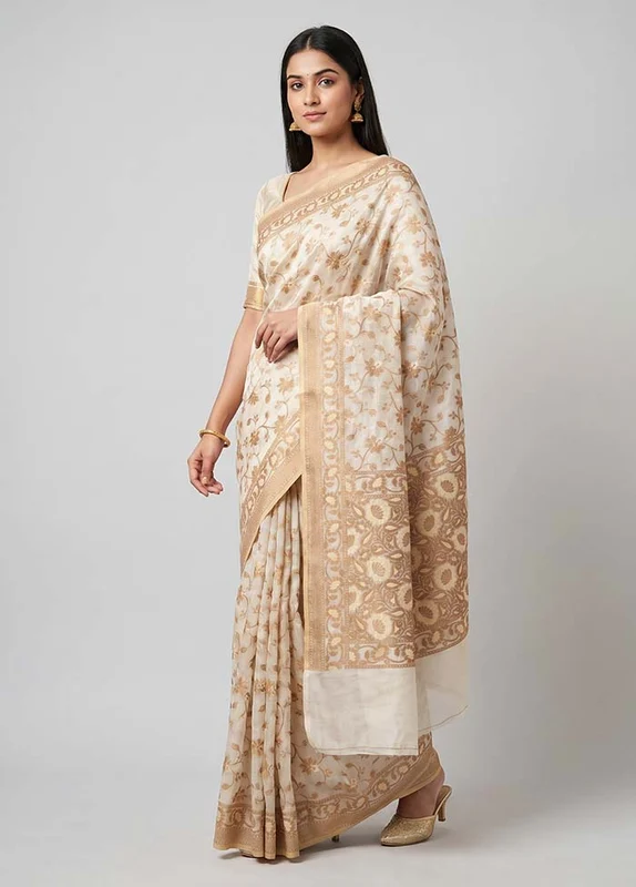 White Pure Cotton Saree With Blouse Piece One Size